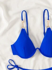 SHEIN Swim 女士纯色比基尼套装，带金属链带和分离式钢圈设计，钢圈细绳比基尼套装泳装泳衣沙滩装夏季度假夏日海滩 - 寶藍色 - 查看 6