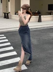 Dazy Designer Chân váy jeans ống rộng xẻ cao, xẻ tà, có túi xéo - Rửa tối - Xem 2