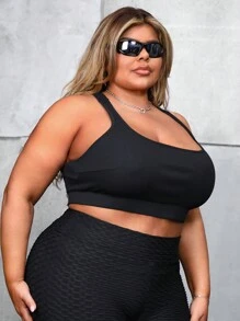 SHEIN CURVE+ Plus Size Yoga Basic Ribbed Knit Crisscross Back Crop Sports Tank Top - Black - View 6