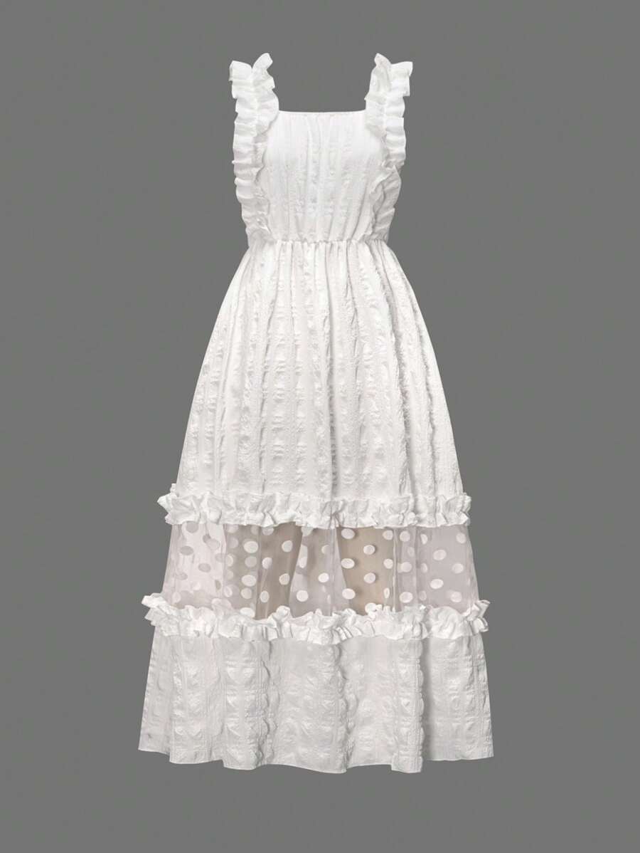 Teen Girl Polka Dot Mesh Joint Ruffle Detail Dress - White - View 1