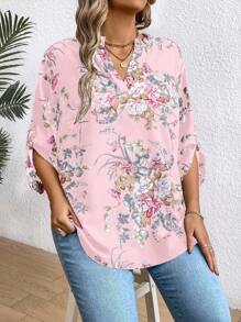 SHEIN Clasi Kích thước lớn Hoa In Cổ áo có khía Giải trí Áo sơ mi - Hồng - Xem 4