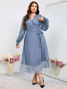Modelyn 大码纯色蕾丝拼接连衣裙长款晚礼服 - 藍色 - 查看 5