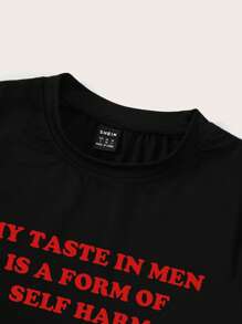 SHEIN Unity 修身短款标语印花上衣 我对男人的品味是一种自我伤害 图案 T 恤 女士上衣 - 黑色 - 查看 3