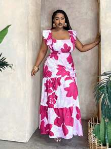 Slaydiva Váy dài in hoa dáng rộng thoải mái cho kỳ nghỉ và giải trí mùa hè cỡ lớn - Màu Hồng Tươi - Xem 3