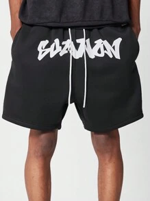 SUMWON Drop Crotch Short With Front Graphic - Black - View 2