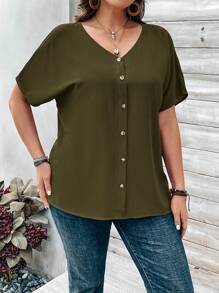 EMERY ROSE Plus Size Plain Batwing Sleeve Buttoned-Up Blouse - Army Green - View 5