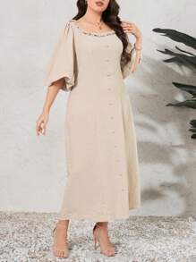 Mulvari Vestido De Tamaño Grande De Manga De Linterna De Color Sólido Con Botones Decorativos - Caqui - Ver 4