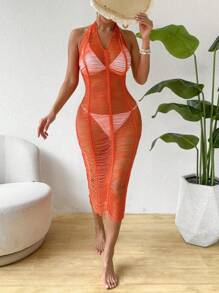 Breezaya Ladies' Hollow Out & See-Through Solid Color Halter Neck Sweater Dress