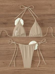 Swim Chiccia Set Bikini Halter Decorato Con Fiori 3D A Contrasto Di Colore, Per Nuoto E Spiaggia Estiva