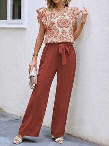 SHEIN LUNE Women's Two Pieces Set With Plant Print Ruffle Sleeve Top And Pants For New Year Clothes - Red - View 5