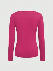 INAWLY Women's Round Neck Hollow Out Long Sleeve T-Shirt Fall Cloth For Women - Hot Pink - View 2