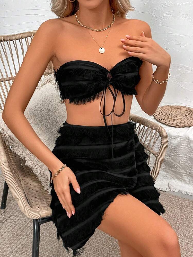 Women's Solid Color Strapless Crop Top And High Waist Skirt Set