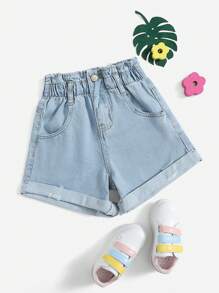 SHEIN Leap Crew Tween Girl Paperbag Waist Ripped Denim Shorts - Light Wash - View 1