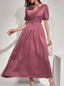 Modelyn 花卉點綴褶皺胸前氣泡袖束腰裙 - 藕粉色 - 查看 6