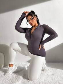 SHEIN Sports Plus Size Seamless Mesh Contrast Hooded Sports Jacket - Dark Grey - View 8