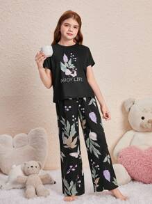 SHEIN Tween Girl Fresh Floral Pattern Round Neck Short Sleeve Top And Knit Loose Casual Pajama Set With Long Pants