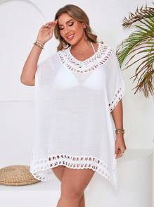SHEIN VCAY Plus Size V-Neck Casual Hollow Knitted Top - White - View 3