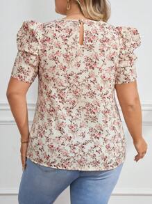 SHEIN Clasi Camisa de manga gigot con estampado floral pequeño para tallas grandes, para el verano