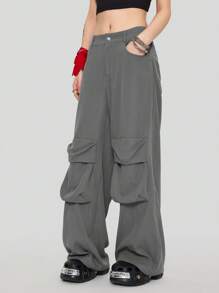SHEIN EZwear Women's Cargo Solid Color Loose Fit Wide Leg Pants - Dark Grey - View 6