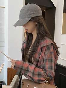 Tartan Oversized Hooded Shirt, Ladies Casual Pocket Long Sleeve Hooded Loose Regular Red Drop Shoulder Shirt Women Blouses, Spring/Fall, Casual Daily Wear,Long Sleeve Tops