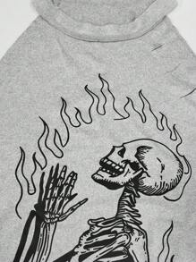 INAWLY Plus Size Cold Shoulder Ripped T-Shirt With Skeleton And Flame Print - Grey - View 4