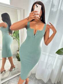 VaVaBold Solid Buttoned Halterneck Bodycon Dress Maxi Women Outfit - Green - View 3