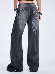 ROMWE Grunge Punk Back Wings Printed Straight Cut Denim Jeans - Black - View 1