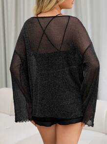 Firerie Women's Elegant And Sexy Sheer Mesh Off Shoulder Loose Top With Ruffle Commuting Daily Date Party Detail, Shimmery, Anti-Uv, For Spring/Summer 2024 (No Breast Wrap), Perfect For Vacation, Outing, Music Festival, Shopping, Date, Cocktail Party