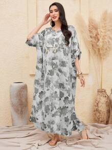 Al Najma Deep V-Neck Fringe Hem Allover Printed Dress