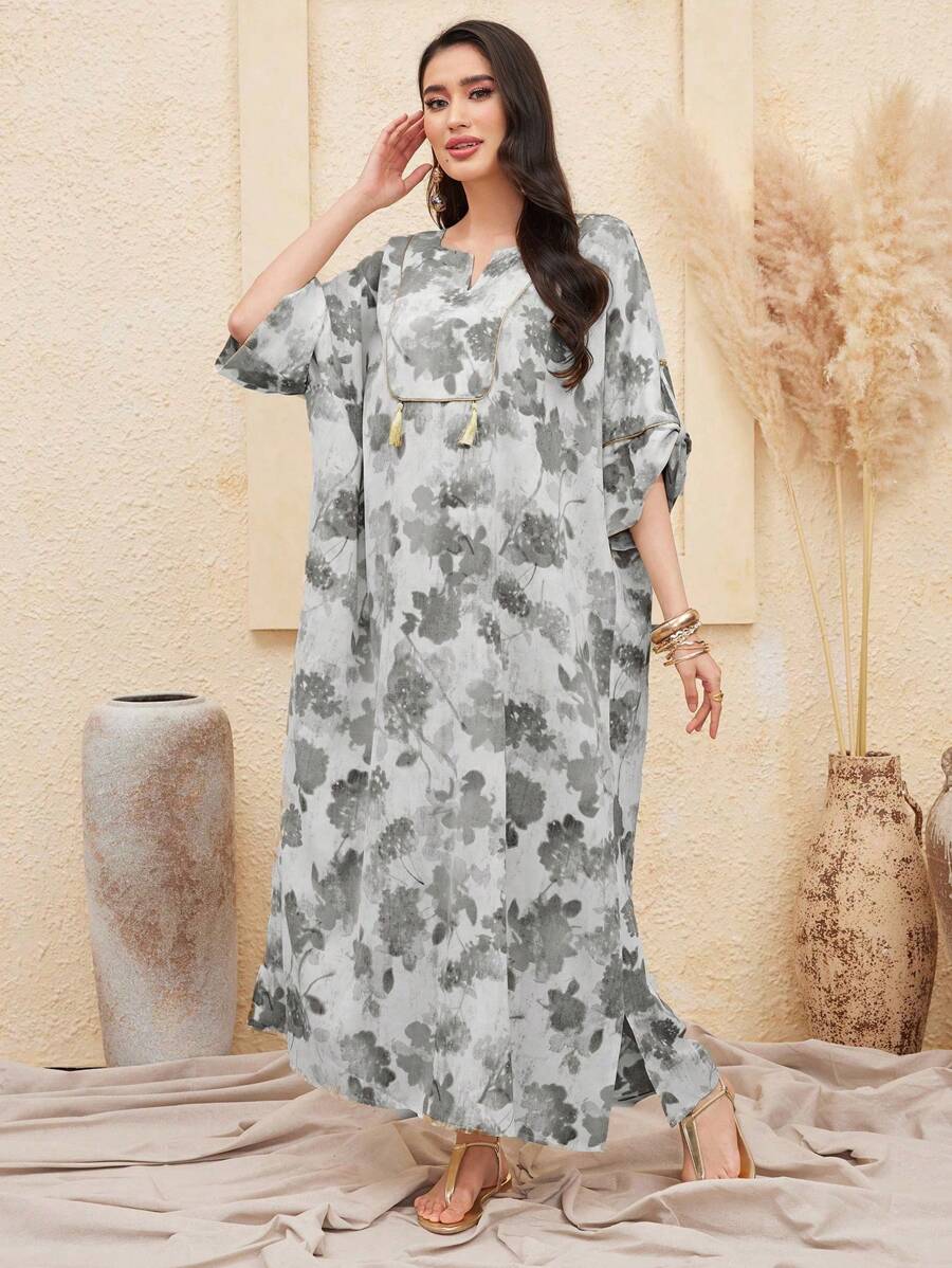 Al Najma Deep V-Neck Fringe Hem Allover Printed Dress