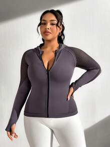 SHEIN Sports Plus Size Seamless Mesh Contrast Hooded Sports Jacket - Dark Grey - View 9