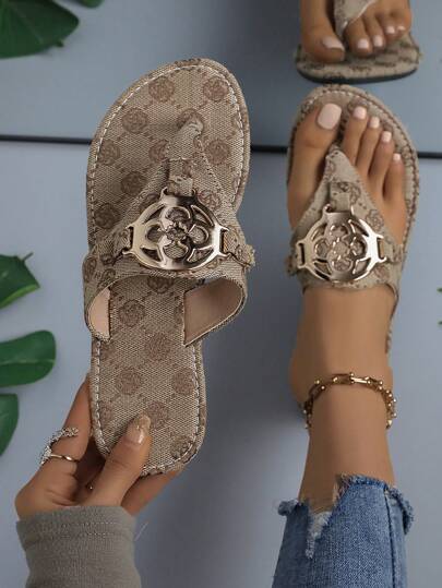 Women's Khaki Embroidered Flower Round Buckle Flat Sandals Slippers, Thong Style Flip Flop With Anti-Slip Sole, Perfect For Indoor/Outdoor Use