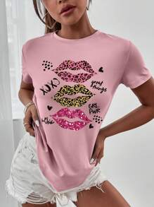 INAWLY Của phụ nữ Hoa văn Báo & Môi In Vòng cổ Ngắn tay Chiều dài trung bình Áo thun , Gợi cảm - Hồng - Xem 1