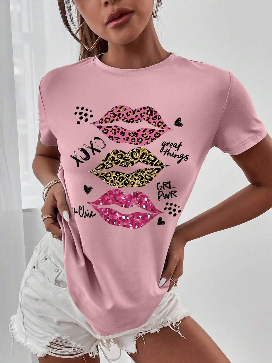 INAWLY Của phụ nữ Hoa văn Báo & Môi In Vòng cổ Ngắn tay Chiều dài trung bình Áo thun , Gợi cảm - Hồng - Xem 1