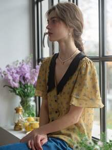 Simple Retro 小碎花印花拼布领前纽扣衬衫 - 綠色 - 查看 6