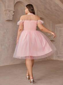 SHEIN Belle Plus Size Ladies Pink Princess Palace Style Off Shoulder Glitter 3d Floral Patchwork Tulle Sundress Short Homecoming Dresses Short Formal Dress Birthday Teens Dress Cocktail Dress Short Evening Dress - Pink - View 7