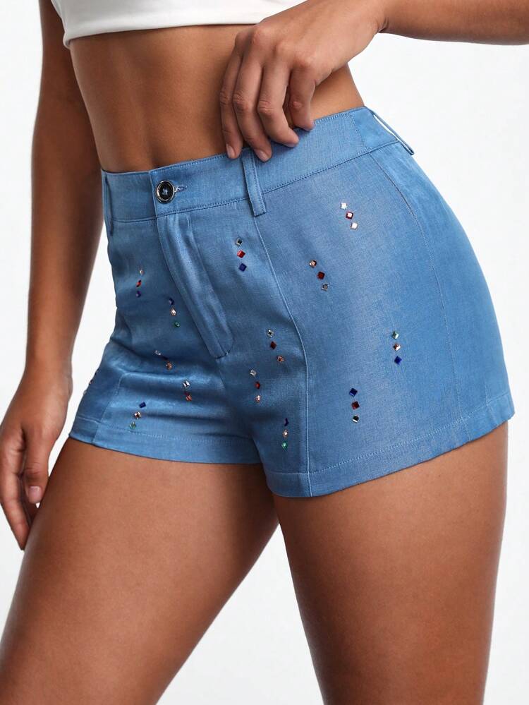 Designer Denim Effect Rhinestone Decor Cowgirl Skinny Shorts, For Summer, Holiday, Vacation, Beach, Festival, Ibiza Fits