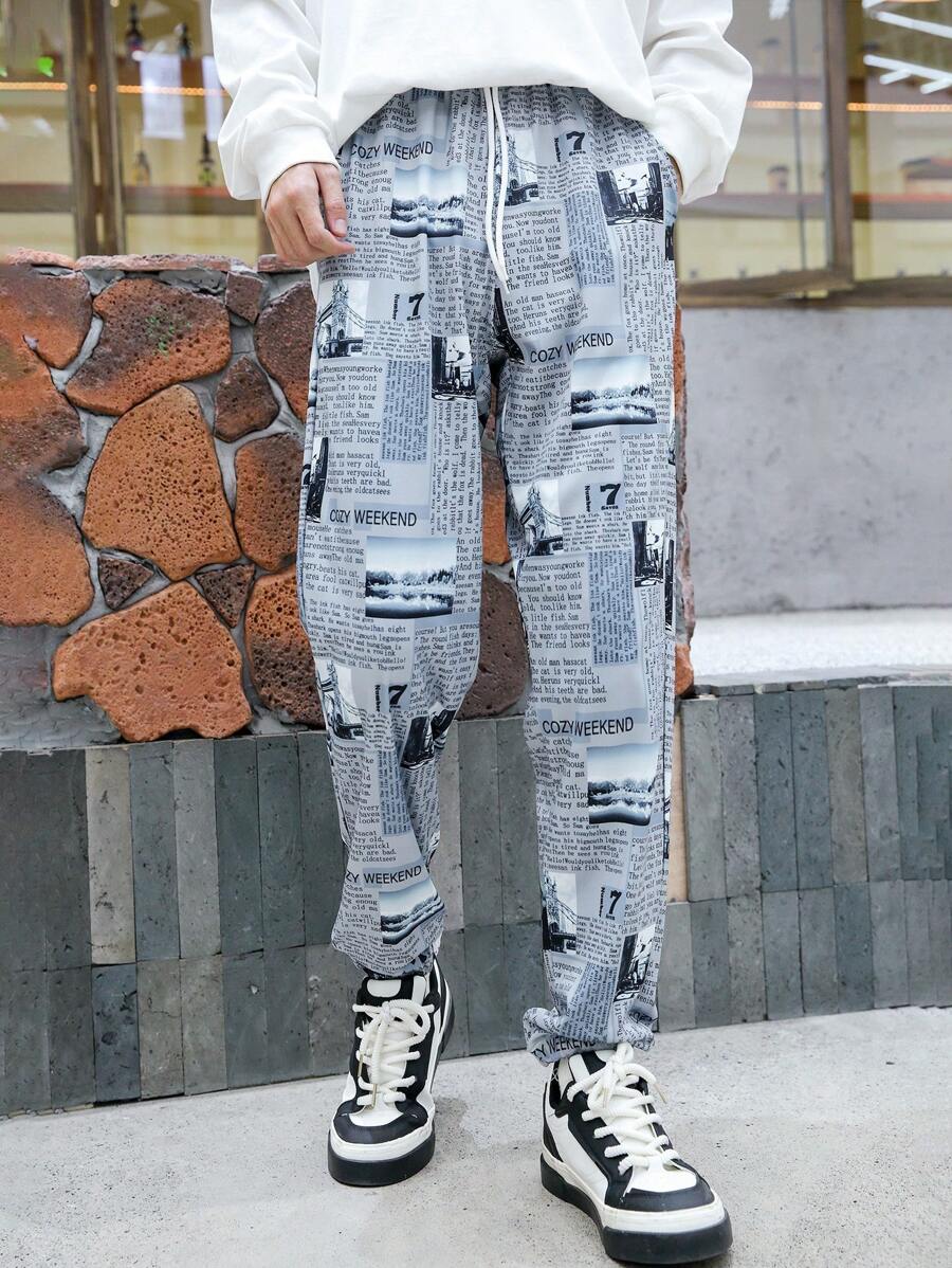 Teen Boy Printed Stylish Drawstring Elasticized Hem Pants - Grey - View 1