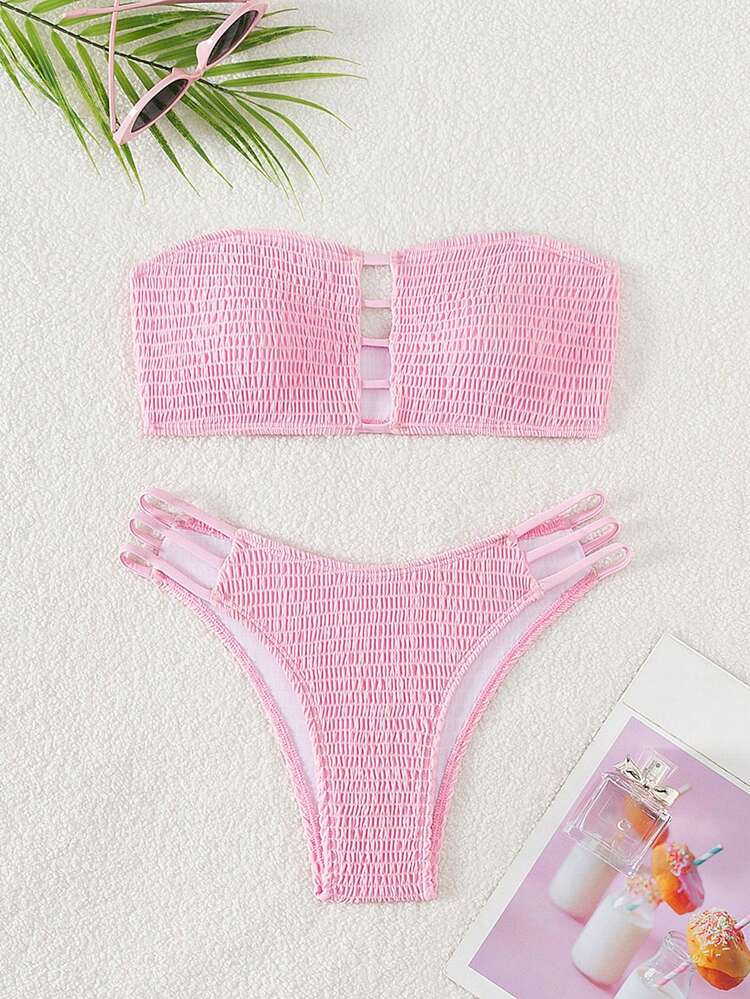 Solid Color Textured Hollow Out Bandeau Bikini Set Summer