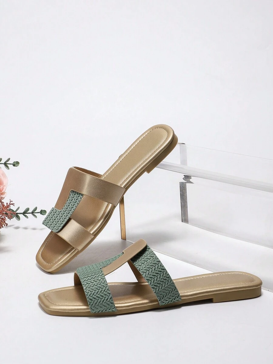 Chaussons Plats Pour Femmes À La Mode, Sandales De Plage De Style Été 2024, Glissades À Bouts Ouverts - Vert olive - Voir 1