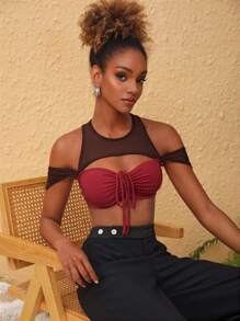 Mackenzie Brynn 设计师款女式撞色网眼修身短款上衣，适合夏季、假日和节日 - 彩色 - 查看 1