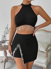 VaVaBold Top Corto De Lentejuelas Y Borlas Decorado Con Dobladillo Asimétrico Y Conjunto De Falda Entallada Al Cuerpo