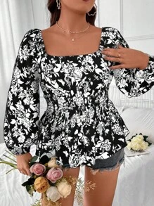 Franclia 大碼花卉印花方領燈籠袖襯衫