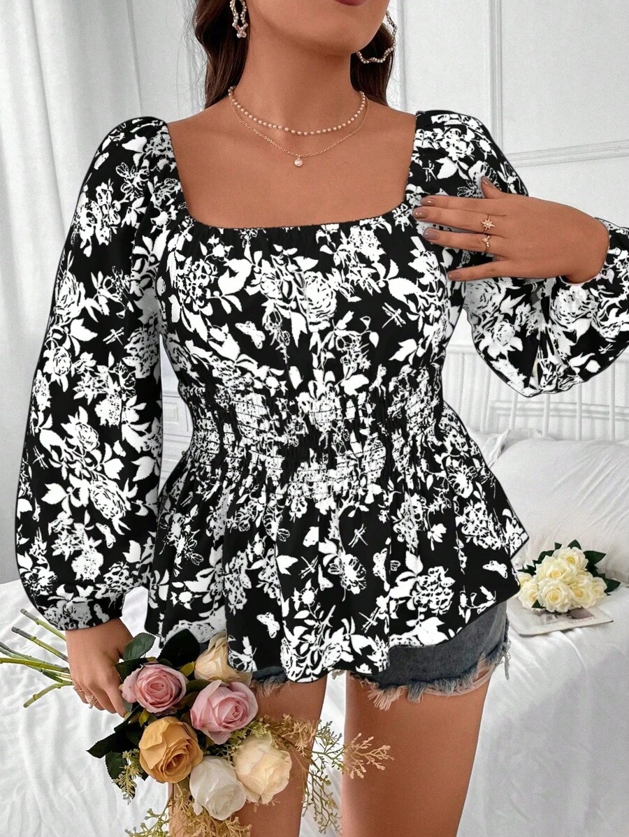 Franclia 大碼花卉印花方領燈籠袖襯衫