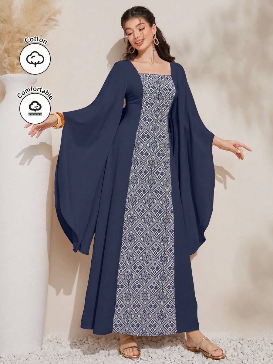 Al Najma 女式几何图案二合一喇叭袖阿拉伯连衣裙 - 藏蓝色 - 查看 1