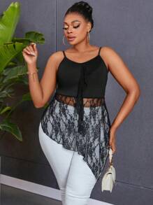 Maweii 大尺寸純色蕾絲拼接不對稱下擺背心上衣 - 黑色 - 查看 4