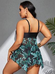 Swim Lushoire Ensemble de maillot de bain d'été plante d'impression plus taille. Mini robe de plage épissure et culotte triangle de couleur unie