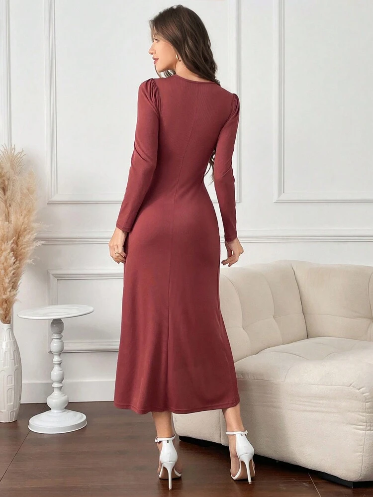 Solid Color V-Neck Pleated Joint Casual Dress Ruched Dress Long Evening Dresses