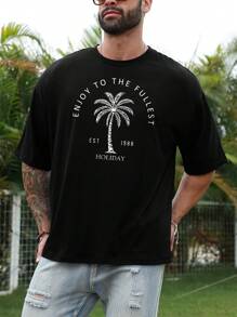 Manfinity Chillmode 男士加大號寬鬆椰樹和字母印花下擺肩t恤 - 黑色 - 查看 1