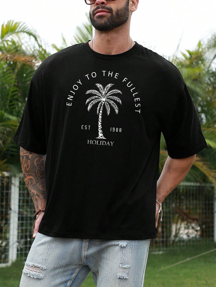 Manfinity Chillmode 男士加大號寬鬆椰樹和字母印花下擺肩t恤 - 黑色 - 查看 1